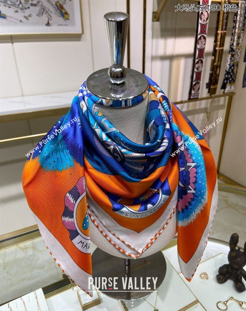 Hermes Cheval Mascotte Sqaure Scarf 90x90cm Orange 2024 (A-240407013)