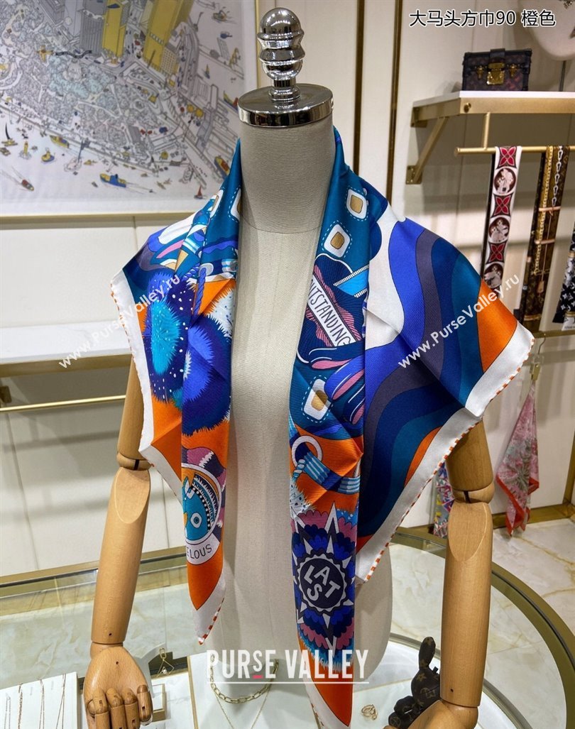 Hermes Cheval Mascotte Sqaure Scarf 90x90cm Orange 2024 (A-240407013)