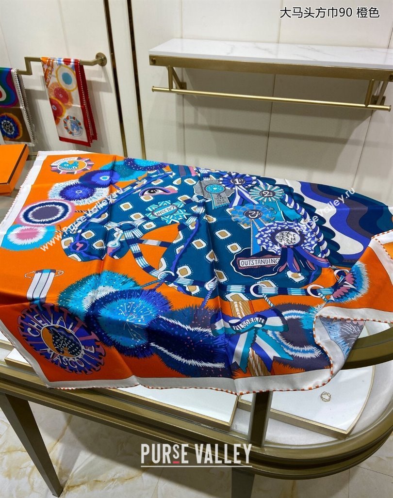 Hermes Cheval Mascotte Sqaure Scarf 90x90cm Orange 2024 (A-240407013)