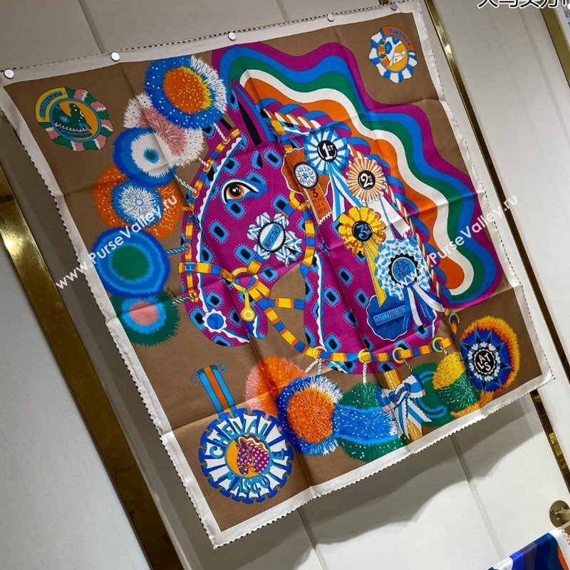 Hermes Cheval Mascotte Sqaure Scarf 90x90cm Khaki 2024 (A-240407014)