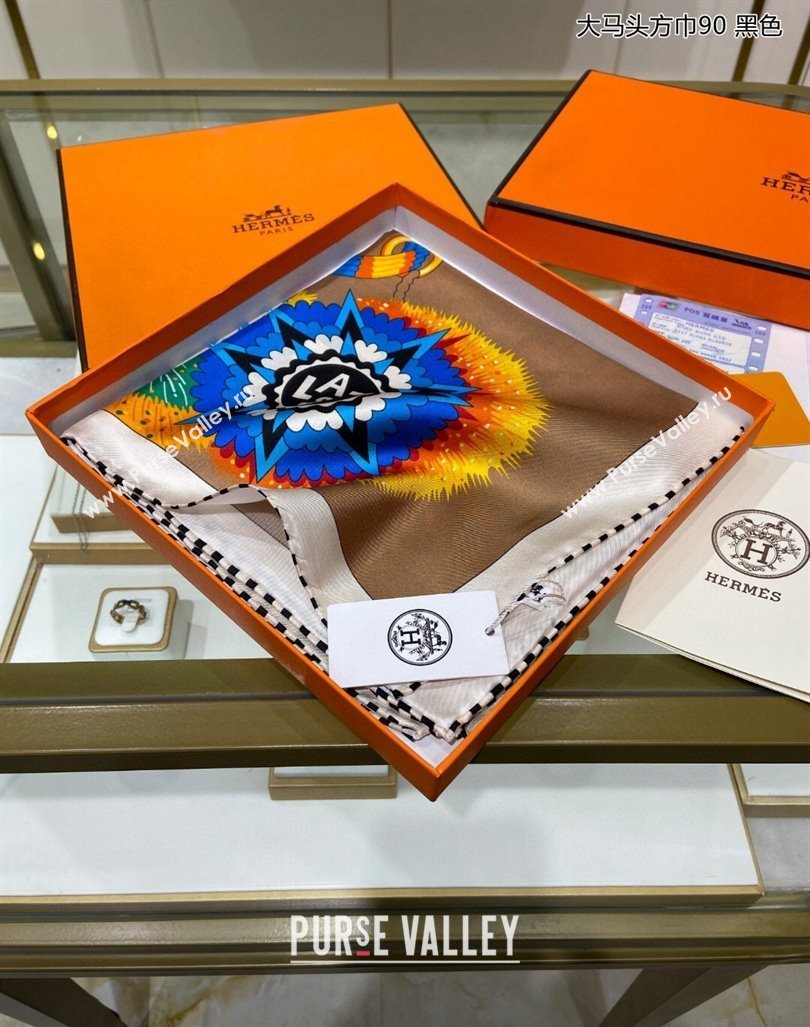 Hermes Cheval Mascotte Sqaure Scarf 90x90cm Khaki 2024 (A-240407014)