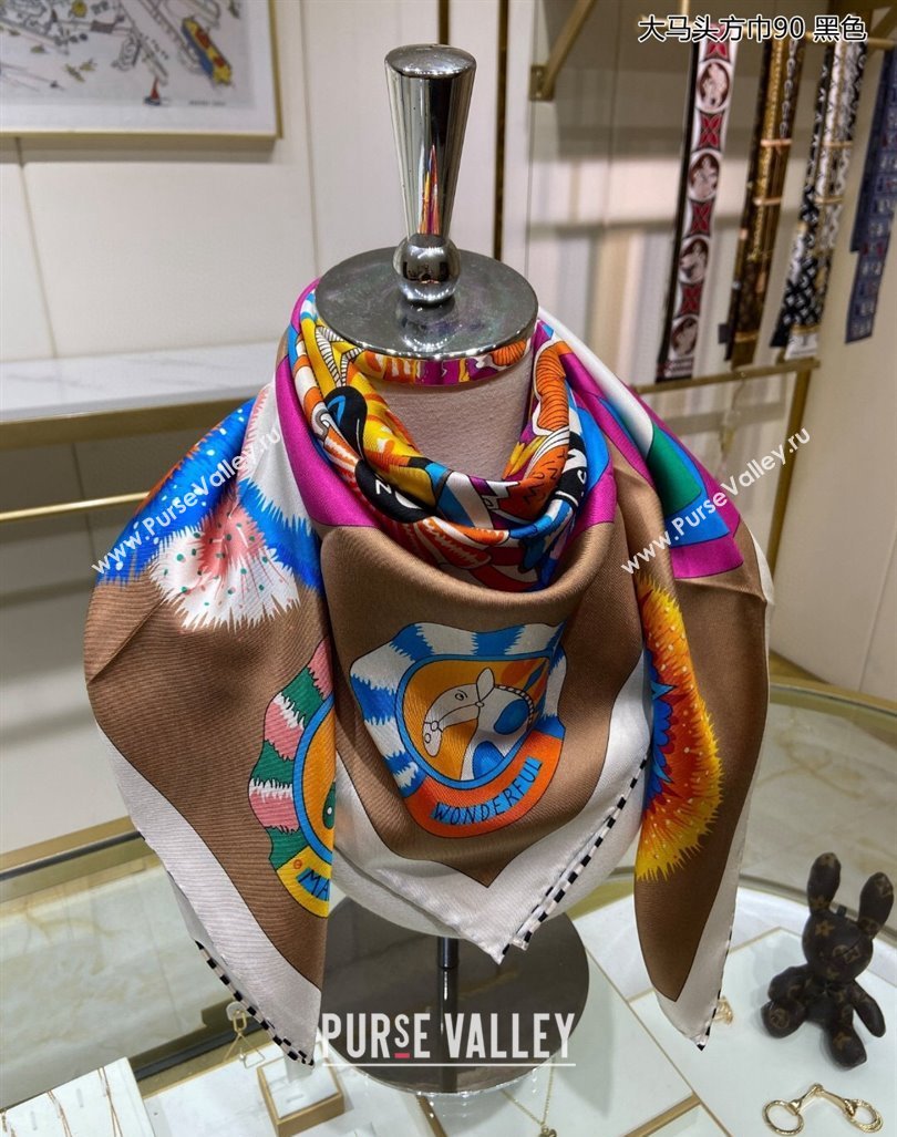 Hermes Cheval Mascotte Sqaure Scarf 90x90cm Khaki 2024 (A-240407014)