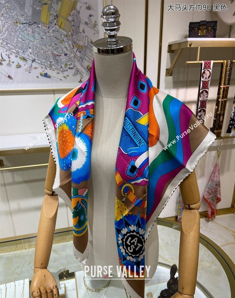 Hermes Cheval Mascotte Sqaure Scarf 90x90cm Khaki 2024 (A-240407014)