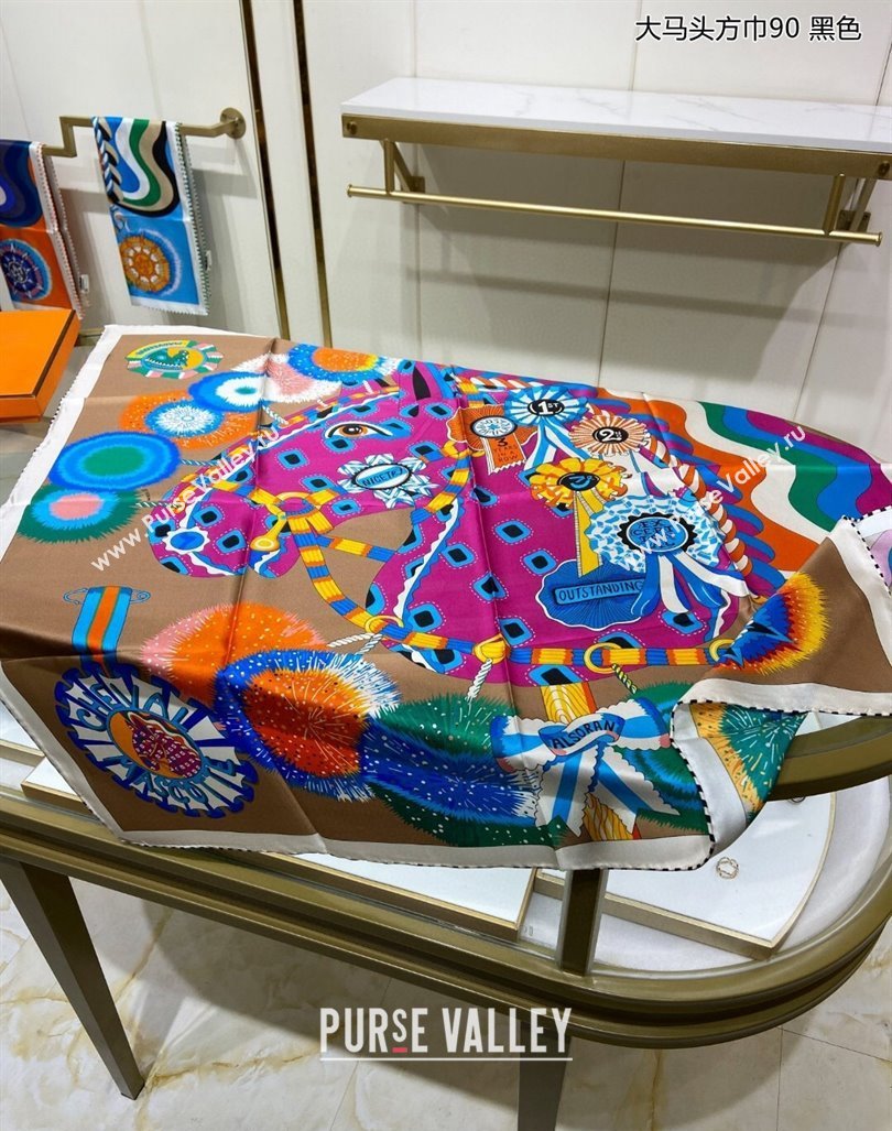Hermes Cheval Mascotte Sqaure Scarf 90x90cm Khaki 2024 (A-240407014)