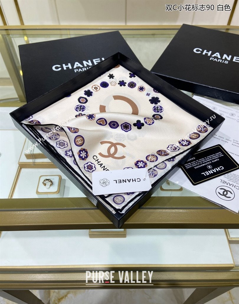 Chanel Bloom Silk Sqaure Scarf 90x90cm White 2024 040702 (A-240407052)