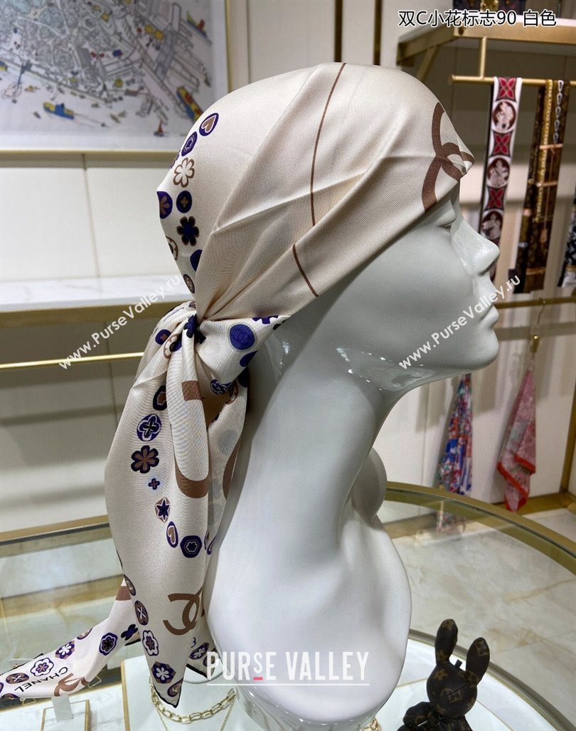 Chanel Bloom Silk Sqaure Scarf 90x90cm White 2024 040702 (A-240407052)
