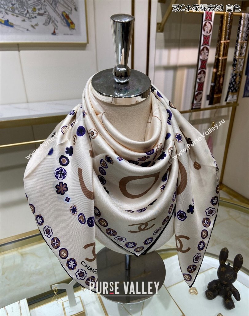 Chanel Bloom Silk Sqaure Scarf 90x90cm White 2024 040702 (A-240407052)