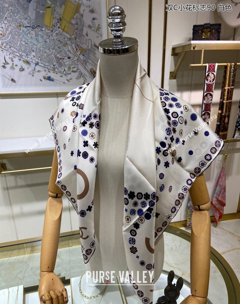Chanel Bloom Silk Sqaure Scarf 90x90cm White 2024 040702 (A-240407052)