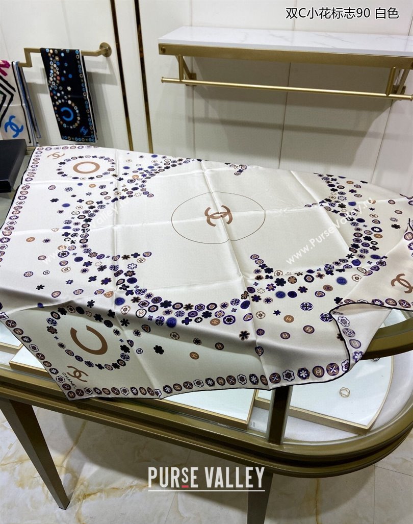 Chanel Bloom Silk Sqaure Scarf 90x90cm White 2024 040702 (A-240407052)