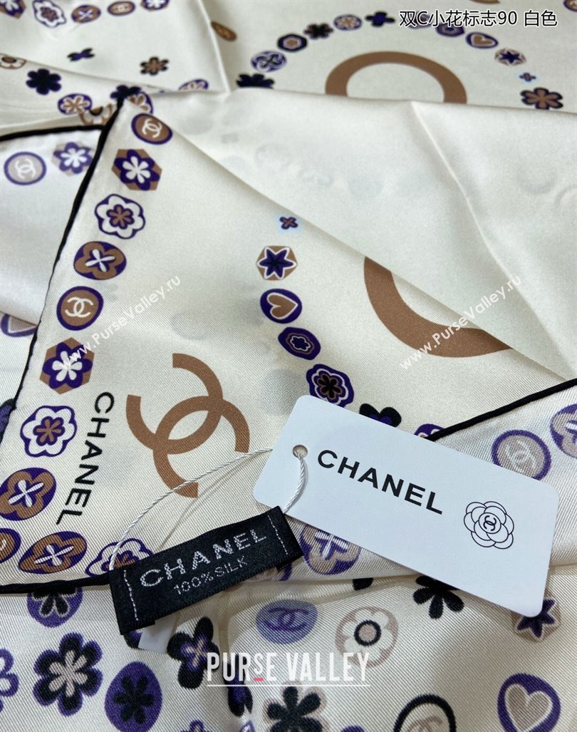 Chanel Bloom Silk Sqaure Scarf 90x90cm White 2024 040702 (A-240407052)