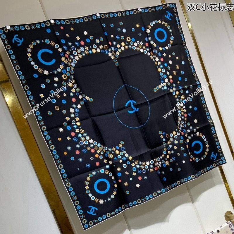 Chanel Bloom Silk Sqaure Scarf 90x90cm Black 2024 040702 (A-240407053)