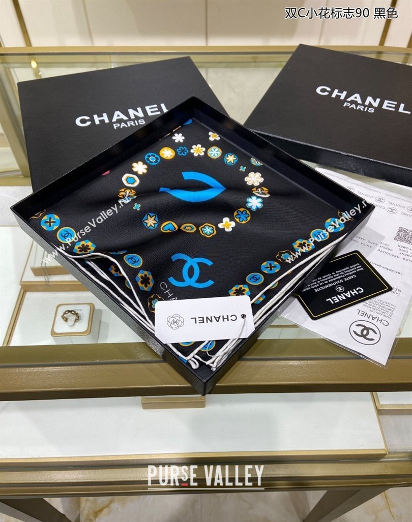 Chanel Bloom Silk Sqaure Scarf 90x90cm Black 2024 040702 (A-240407053)
