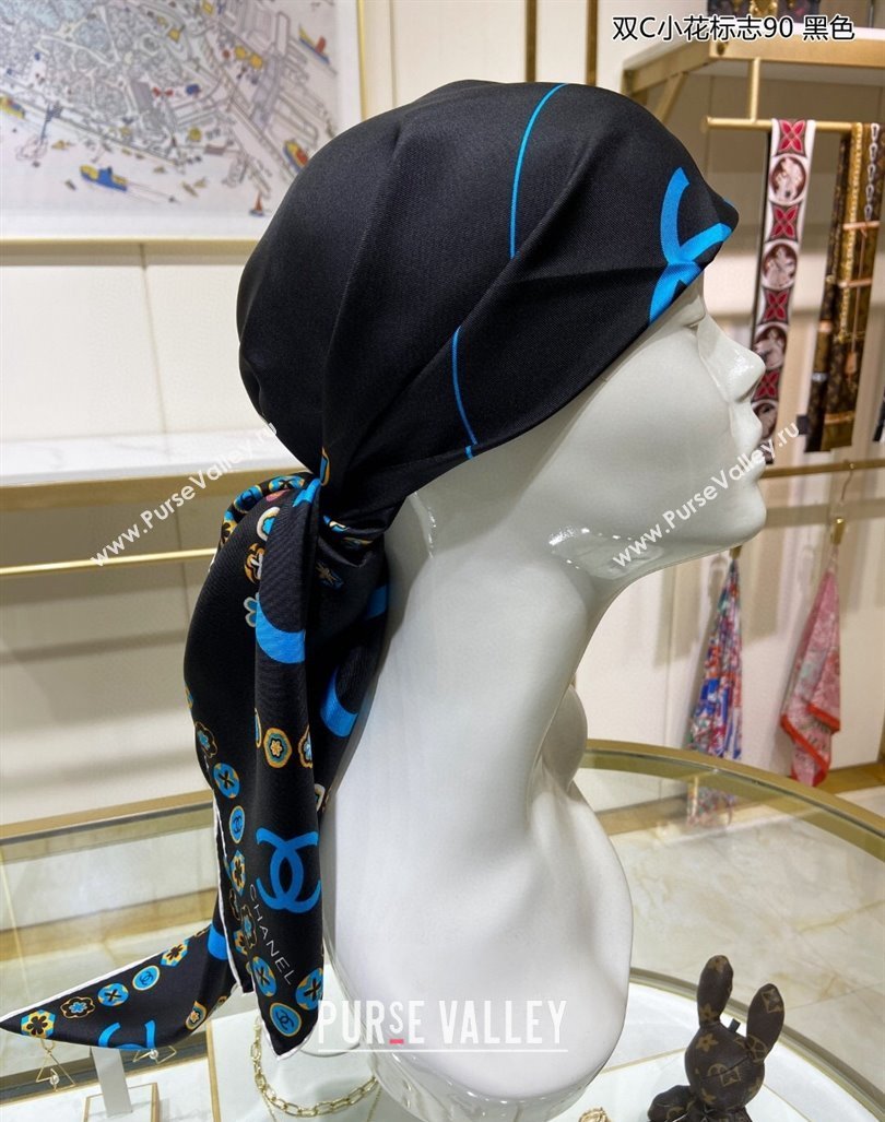 Chanel Bloom Silk Sqaure Scarf 90x90cm Black 2024 040702 (A-240407053)