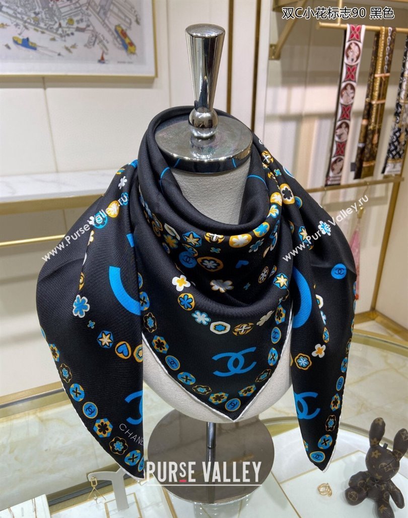 Chanel Bloom Silk Sqaure Scarf 90x90cm Black 2024 040702 (A-240407053)