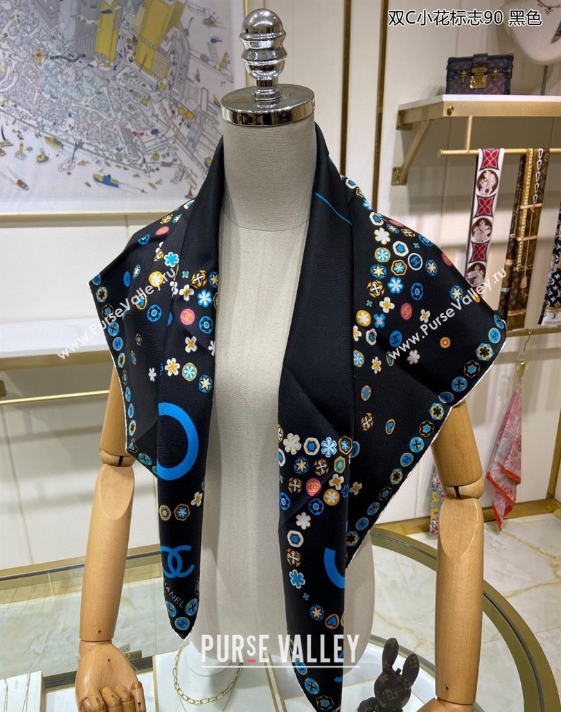 Chanel Bloom Silk Sqaure Scarf 90x90cm Black 2024 040702 (A-240407053)