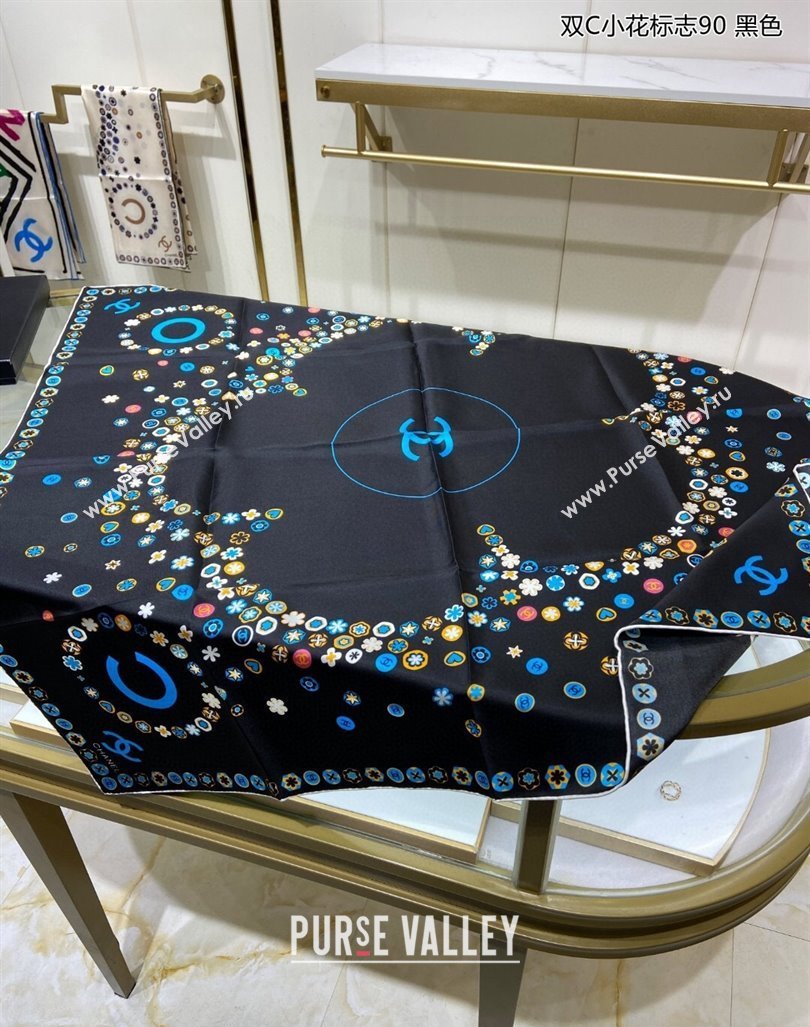 Chanel Bloom Silk Sqaure Scarf 90x90cm Black 2024 040702 (A-240407053)