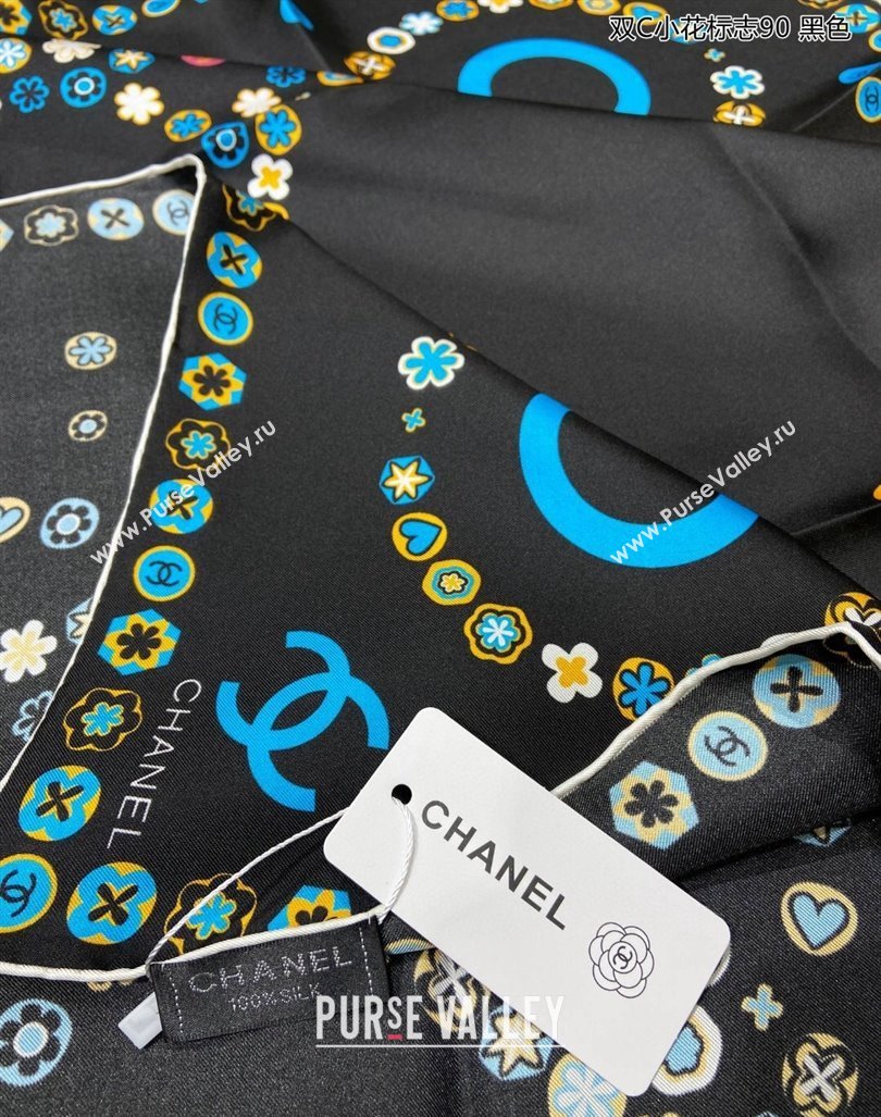 Chanel Bloom Silk Sqaure Scarf 90x90cm Black 2024 040702 (A-240407053)