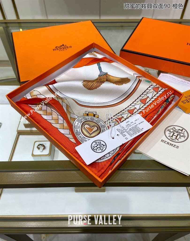 Hermes Harnais de Coeur Silk Square Scarf 90x90cm Orange 2024 (A-240403167)