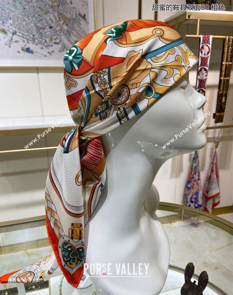 Hermes Harnais de Coeur Silk Square Scarf 90x90cm Orange 2024 (A-240403167)