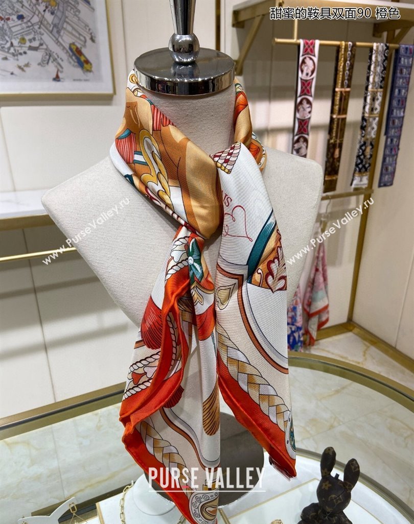 Hermes Harnais de Coeur Silk Square Scarf 90x90cm Orange 2024 (A-240403167)