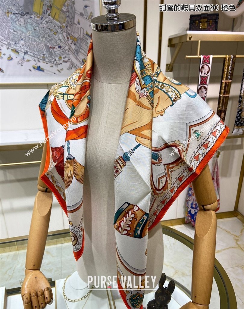 Hermes Harnais de Coeur Silk Square Scarf 90x90cm Orange 2024 (A-240403167)