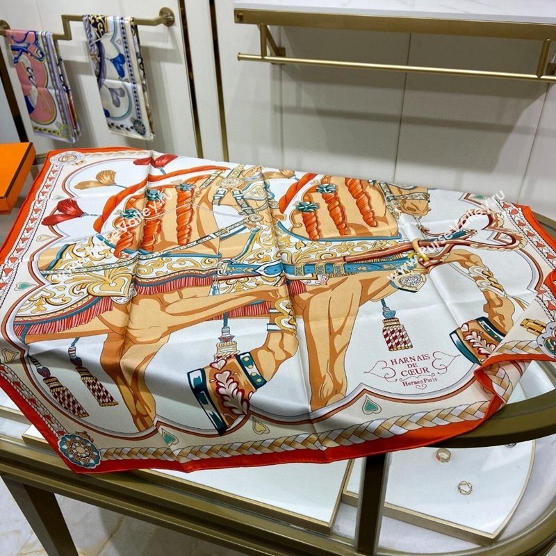 Hermes Harnais de Coeur Silk Square Scarf 90x90cm Orange 2024 (A-240403167)
