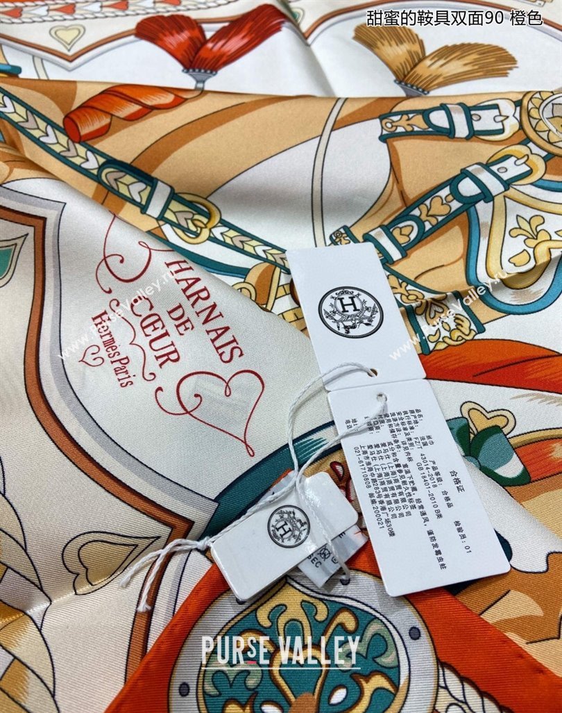 Hermes Harnais de Coeur Silk Square Scarf 90x90cm Orange 2024 (A-240403167)