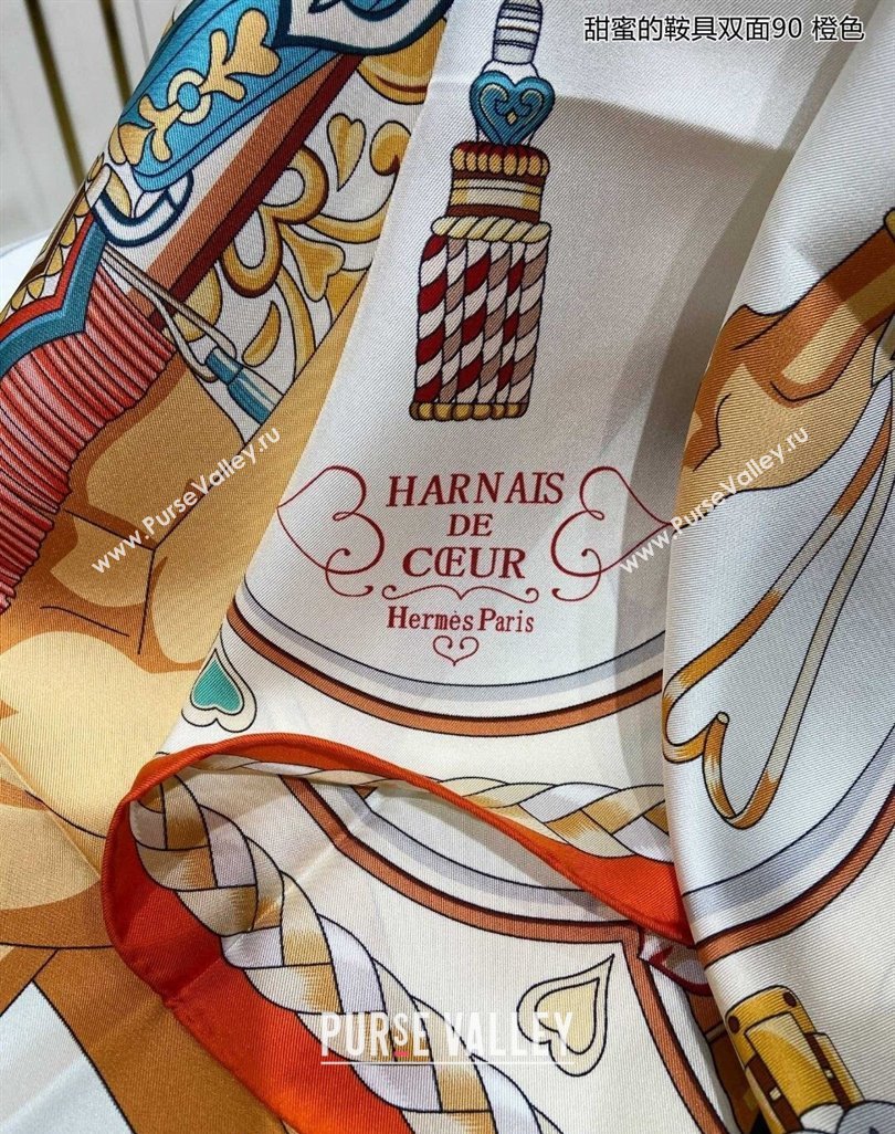 Hermes Harnais de Coeur Silk Square Scarf 90x90cm Orange 2024 (A-240403167)