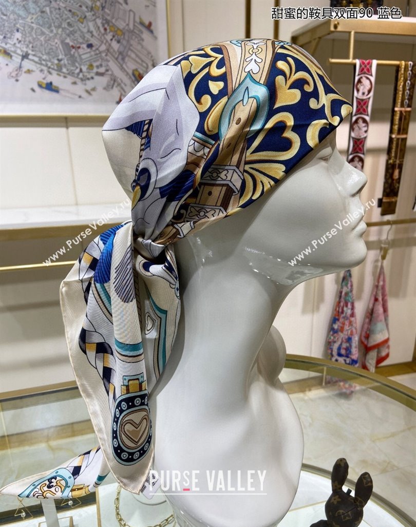 Hermes Harnais de Coeur Silk Square Scarf 90x90cm Blue 2024 (A-240403168)