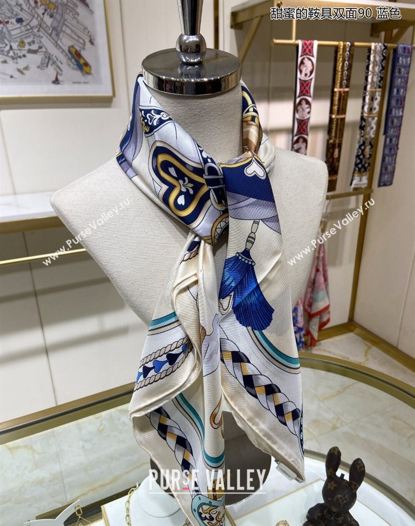 Hermes Harnais de Coeur Silk Square Scarf 90x90cm Blue 2024 (A-240403168)