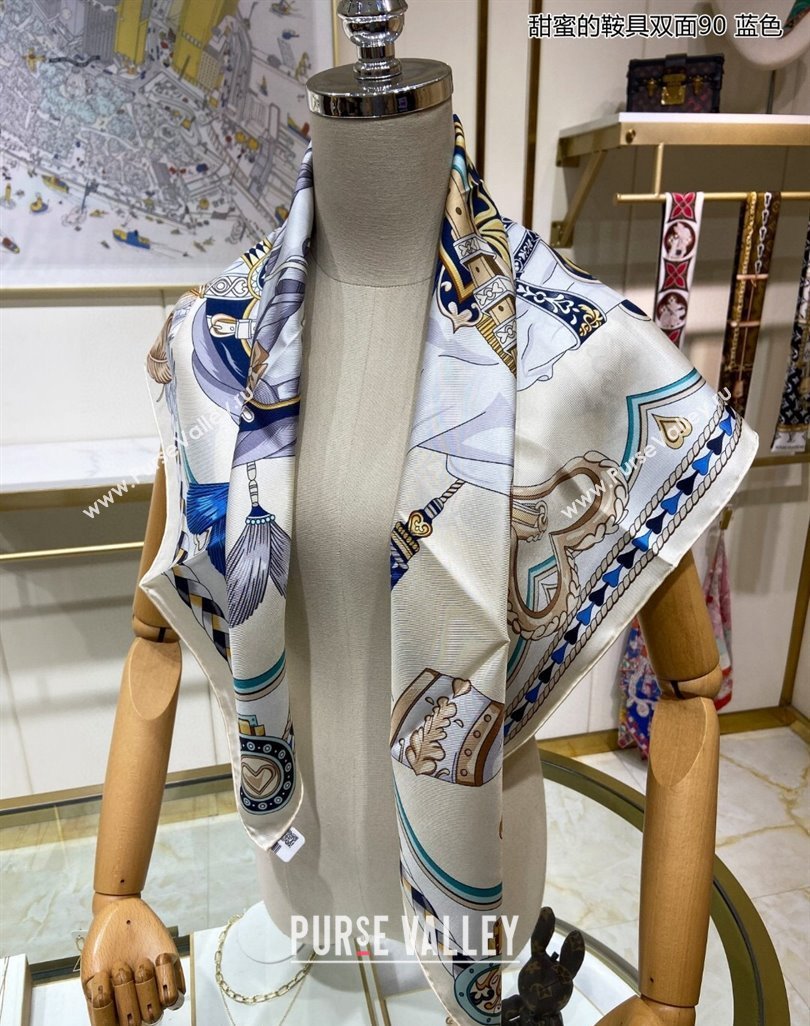 Hermes Harnais de Coeur Silk Square Scarf 90x90cm Blue 2024 (A-240403168)
