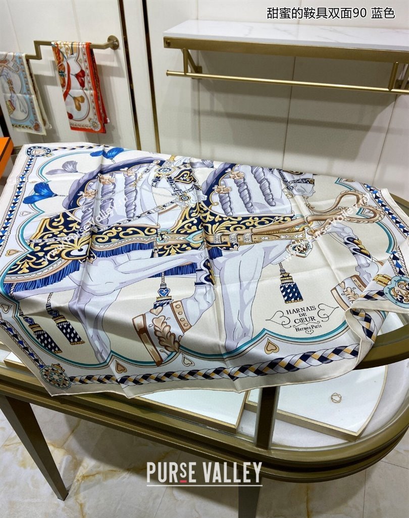Hermes Harnais de Coeur Silk Square Scarf 90x90cm Blue 2024 (A-240403168)