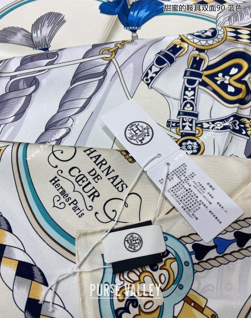 Hermes Harnais de Coeur Silk Square Scarf 90x90cm Blue 2024 (A-240403168)