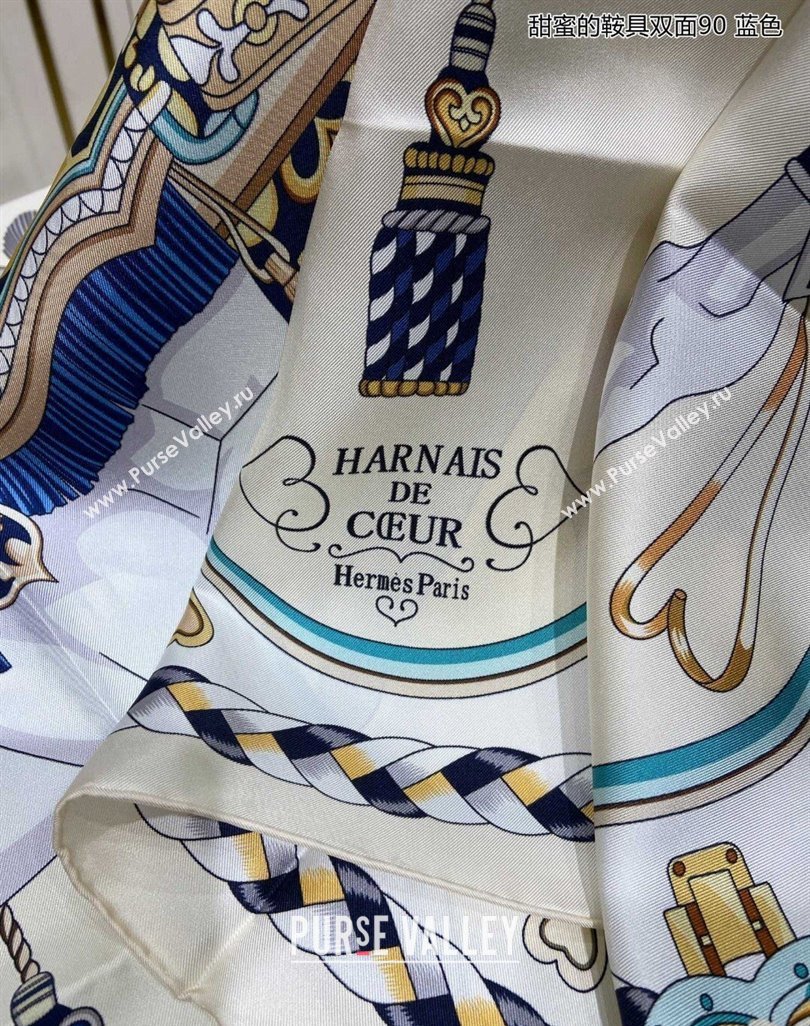 Hermes Harnais de Coeur Silk Square Scarf 90x90cm Blue 2024 (A-240403168)