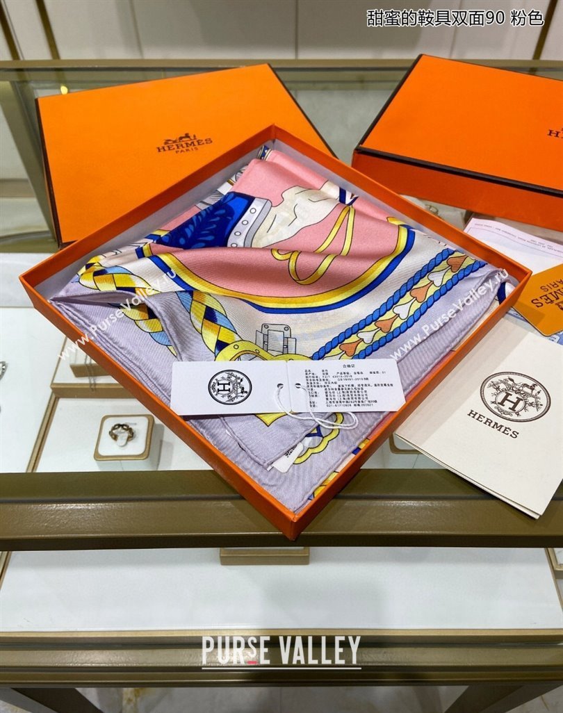 Hermes Harnais de Coeur Silk Square Scarf 90x90cm Pink 2024 (A-240403169)