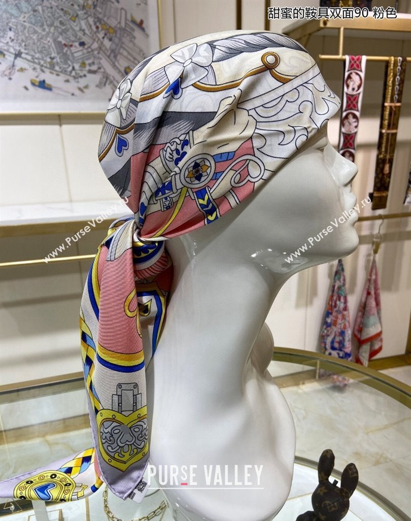 Hermes Harnais de Coeur Silk Square Scarf 90x90cm Pink 2024 (A-240403169)