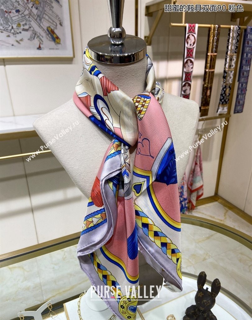 Hermes Harnais de Coeur Silk Square Scarf 90x90cm Pink 2024 (A-240403169)
