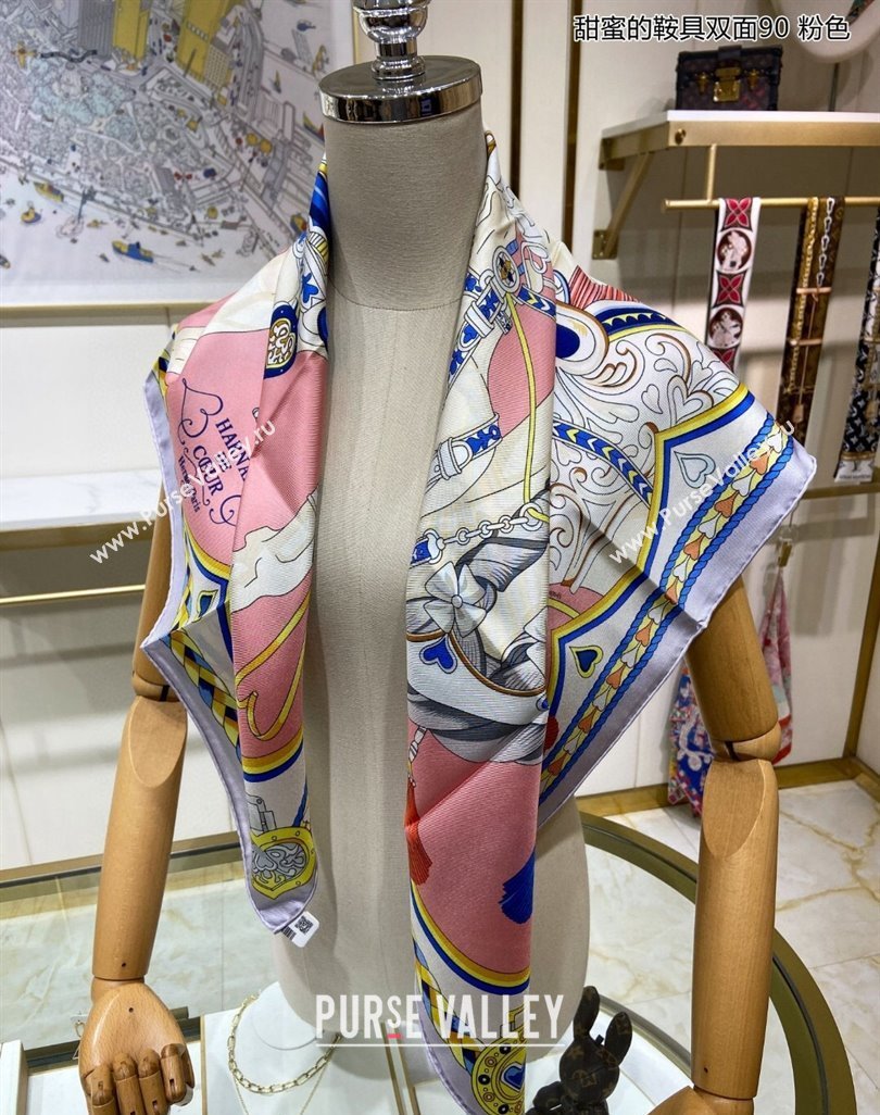 Hermes Harnais de Coeur Silk Square Scarf 90x90cm Pink 2024 (A-240403169)