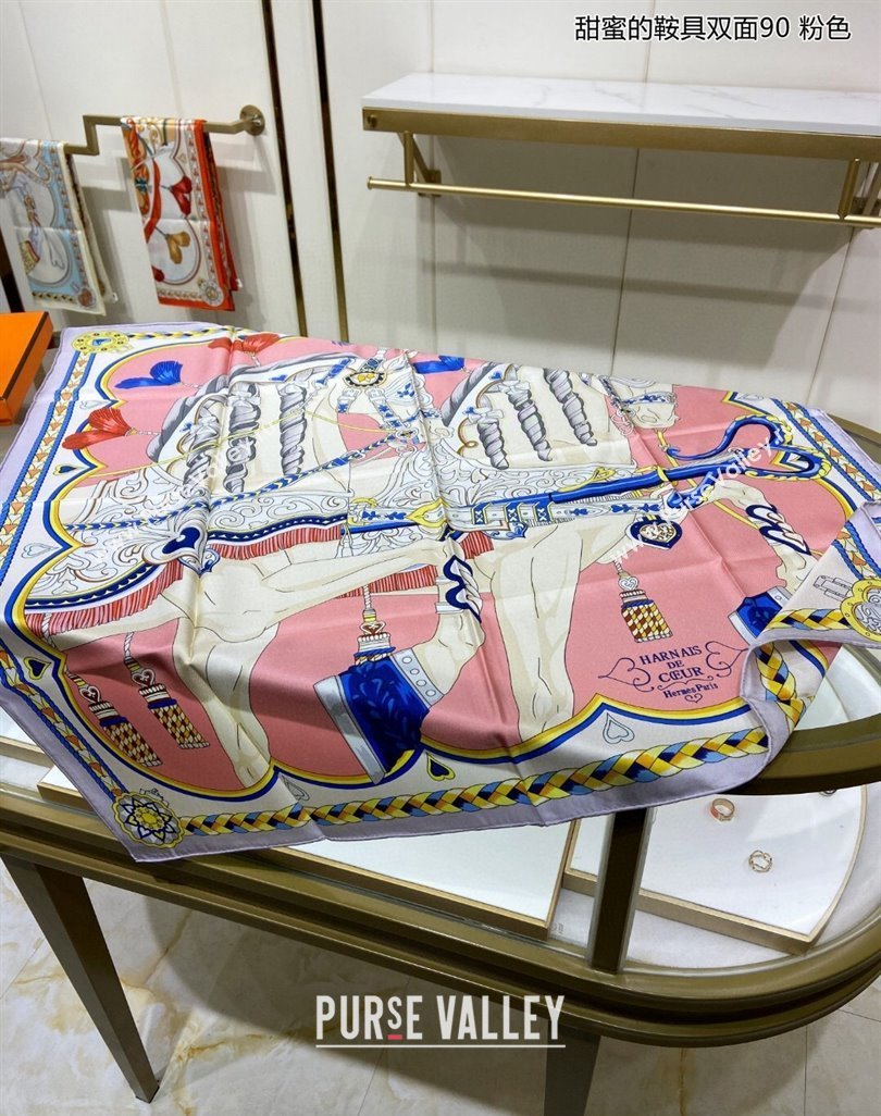 Hermes Harnais de Coeur Silk Square Scarf 90x90cm Pink 2024 (A-240403169)