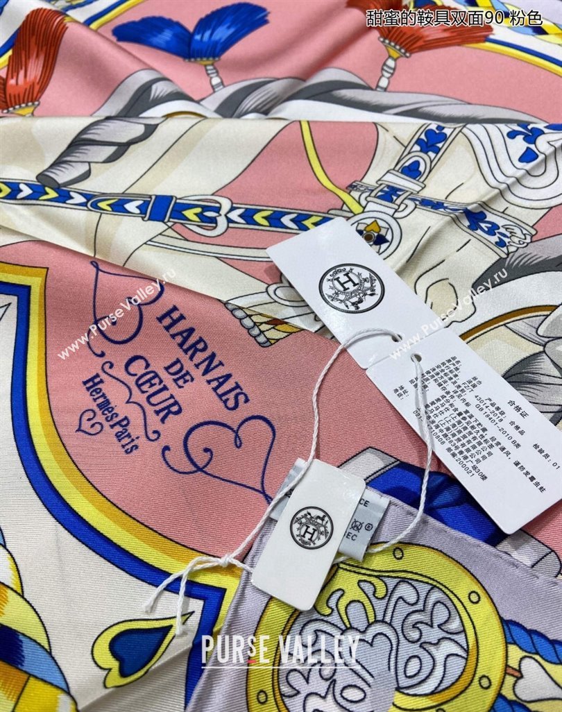 Hermes Harnais de Coeur Silk Square Scarf 90x90cm Pink 2024 (A-240403169)