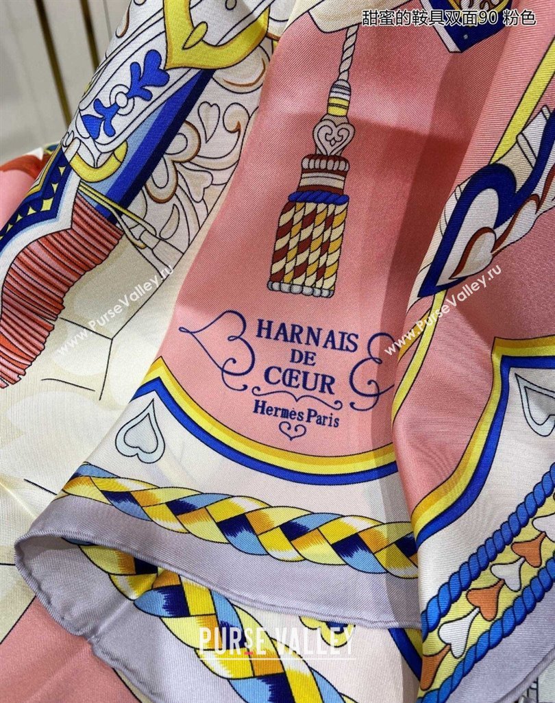 Hermes Harnais de Coeur Silk Square Scarf 90x90cm Pink 2024 (A-240403169)