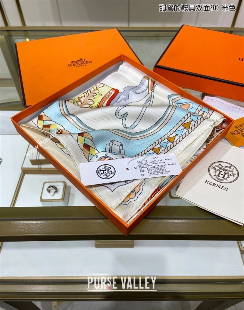 Hermes Harnais de Coeur Silk Square Scarf 90x90cm Beige 2024 (A-240403170)