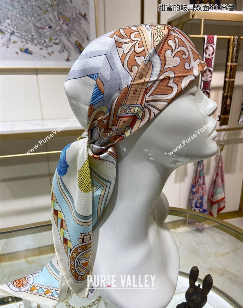 Hermes Harnais de Coeur Silk Square Scarf 90x90cm Beige 2024 (A-240403170)