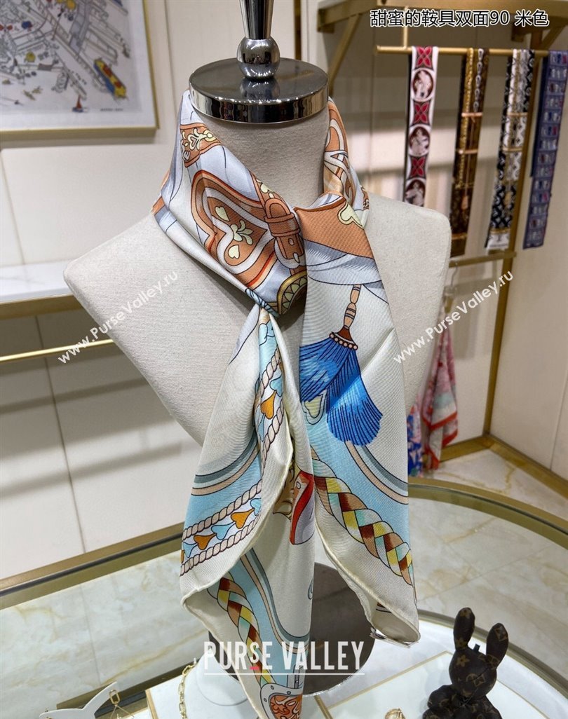 Hermes Harnais de Coeur Silk Square Scarf 90x90cm Beige 2024 (A-240403170)