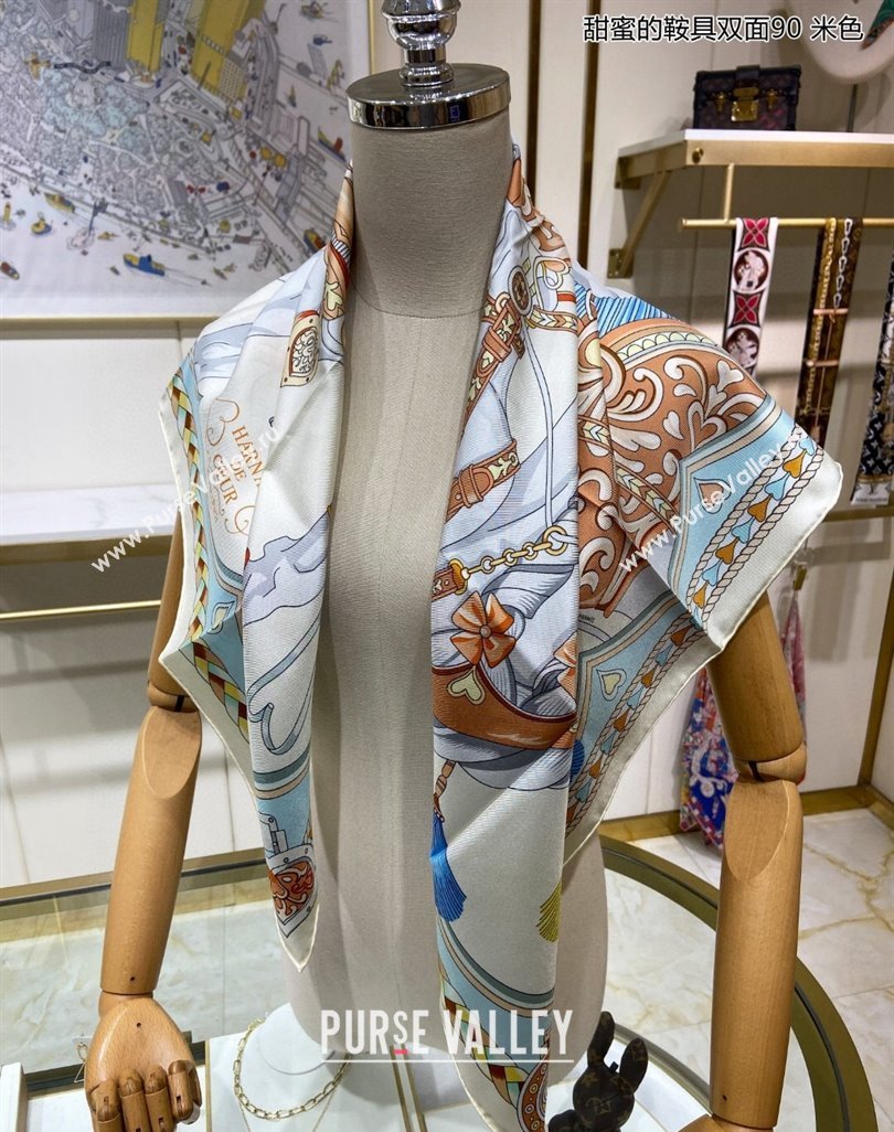 Hermes Harnais de Coeur Silk Square Scarf 90x90cm Beige 2024 (A-240403170)