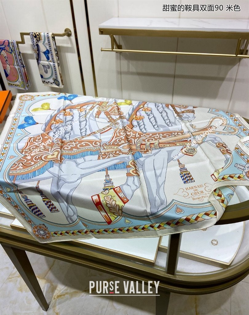 Hermes Harnais de Coeur Silk Square Scarf 90x90cm Beige 2024 (A-240403170)