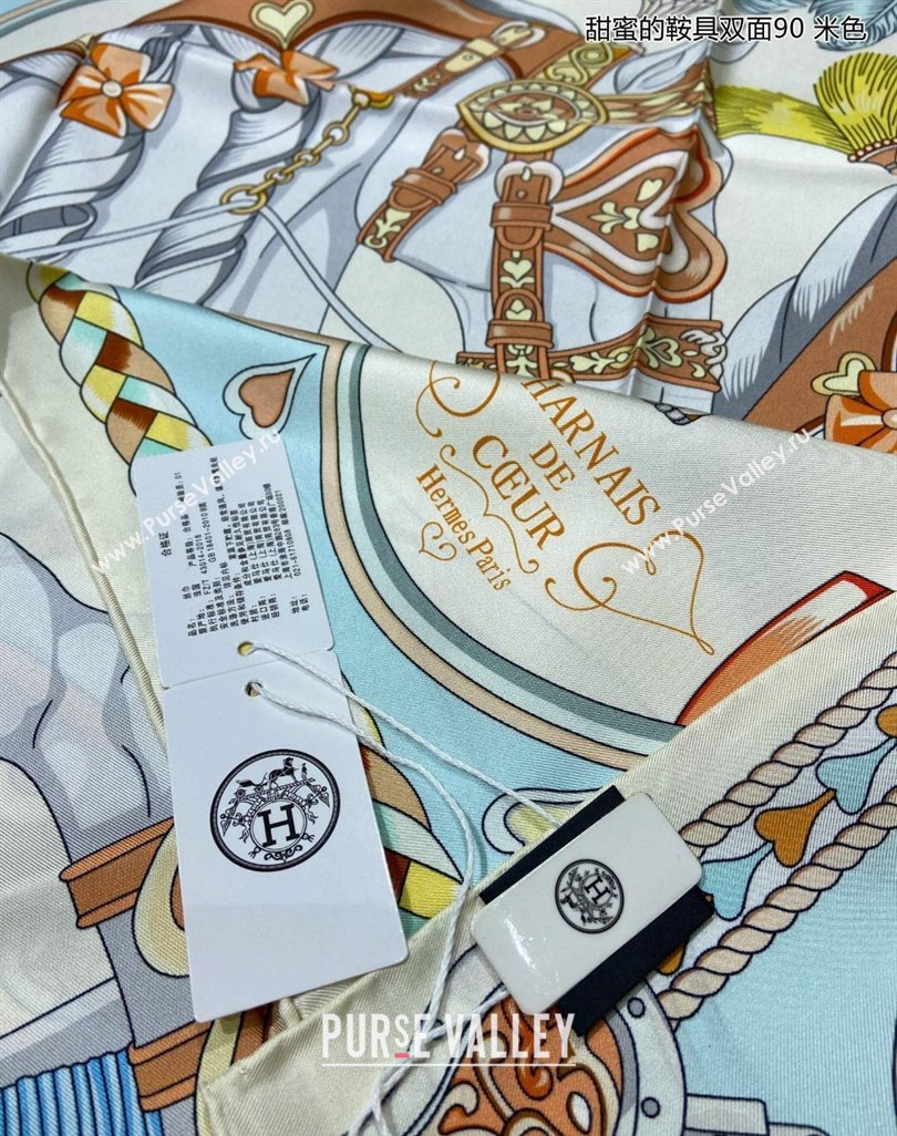 Hermes Harnais de Coeur Silk Square Scarf 90x90cm Beige 2024 (A-240403170)