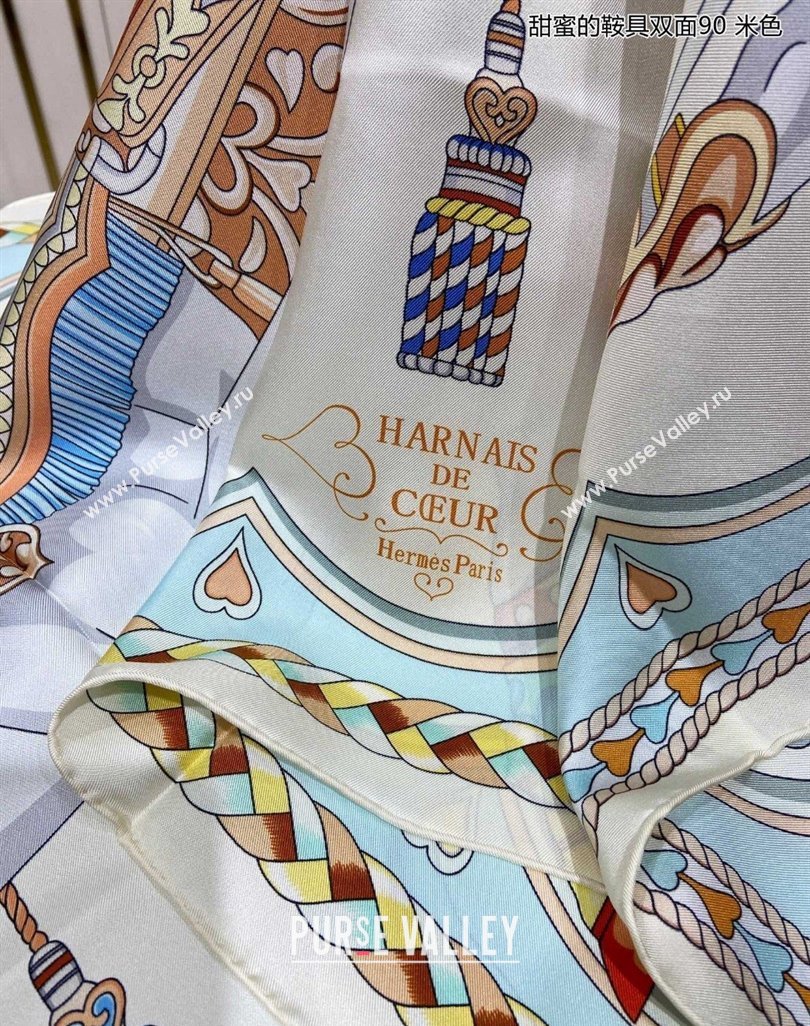 Hermes Harnais de Coeur Silk Square Scarf 90x90cm Beige 2024 (A-240403170)