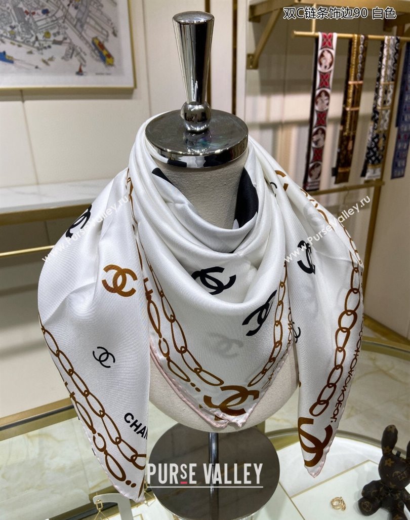 Chanel Silk Sqaure Scarf 90x90cm White 2024 040703 (A-240407062)