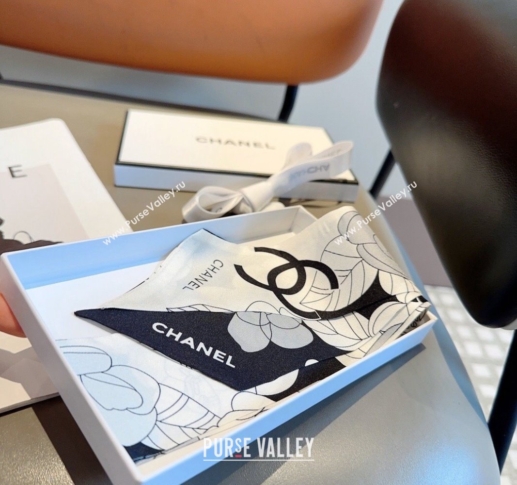 Chanel Camellia Silk Bandeau Scarf 6x120cm White 2024 0403 (XMN-240403157)